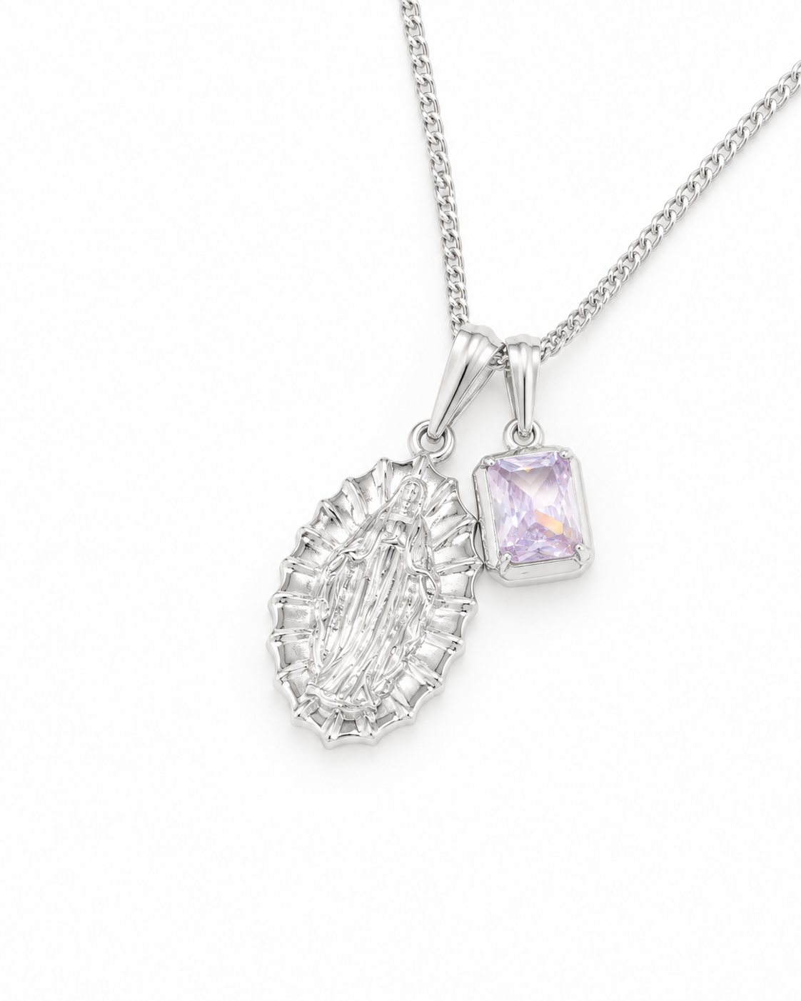 Our Lady of Guadalupe x Lavender stone - Silver — angled studio view